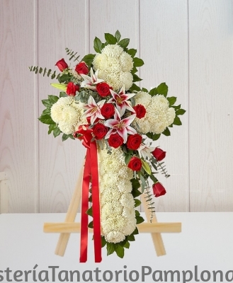 Cruz Funerario clavel y rosas, Envíos Florales Fúnebres Urgentes, Floristería Tanatorio Pamplona, Arreglos Florales para Tanatorios